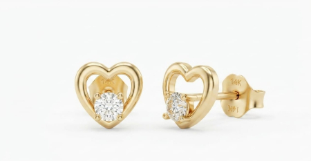 Cercei aur 14k surub - Cercei pe Șurub din Aur Galben 14K – Inimă cu Zirconiu Solitar