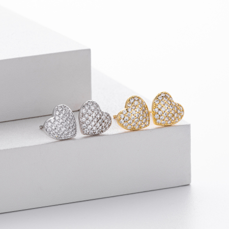 Cercei argint - Cercei pe Ureche din Argint 925 „Gleaming Heart” – Cu Pave Dens de Zirconii