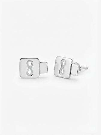 Cercei argint - Cercei pe Ureche din Argint 925 Pătrați cu Simbolul Infinitului în Relief, 14 mm, 2.90g