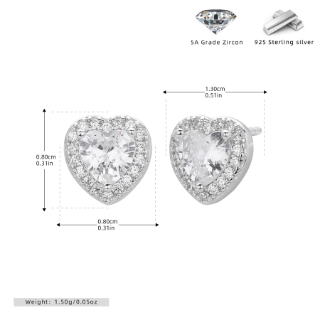 Cercei argint - Cercei pe Ureche din Argint 925 „Pure Love” – Inimă Solitaire cu Halo din Zirconii