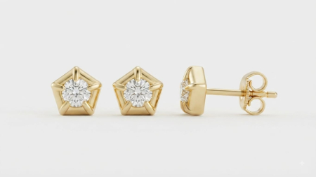 CERCEI AUR 14K CU DIAMANT NATURAL - Cercei pentagonali din aur galben 14K cu diamante naturale, 0.10 ct