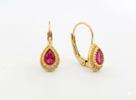 Cercei aur 14k copii - Cercei Picătură din Aur Galben 14K cu Zirconia Roz și Halou Texturat