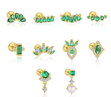 Cercei argint - Cercei Piercing Din Argint 925 Gold Emerald Flat Back