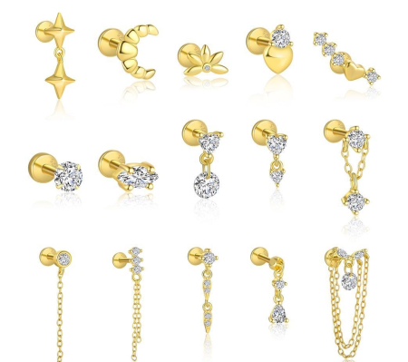 Cercei argint - Cercei Piercing din Argint 925 Placat cu Aur – Colecția Minimalist Labret cu Șurub Plat și Zirconiu (Diverse Modele)