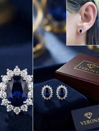 bijuterii diamant - Cercei Princiare din Aur Alb 14K cu Safire Albastre Ovale și Diamante – Verona Elegance