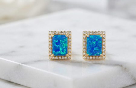 Cercei aur 14k - Cercei Rectangulari din Aur Galben 14K cu Opal Albastru și Halo de Cristale – 15mm (2.72 gr)