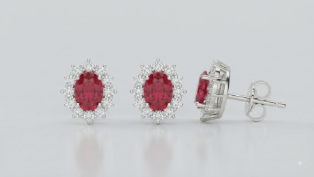 CERCEI AUR 14K CU DIAMANT NATURAL - Cercei roset din aur alb 14K cu pietre ovale roșii 1.02 ct și halo de diamante
