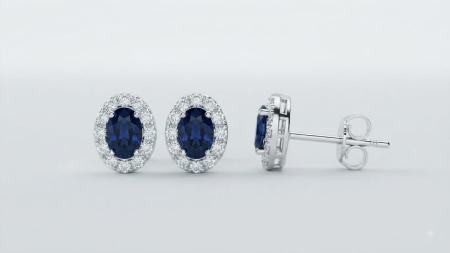 CERCEI AUR 14K CU DIAMANT NATURAL - Cercei roset din aur alb 14K cu safire naturale ovale 0.92 ct și halo de diamante
