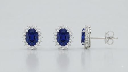 CERCEI AUR 14K CU DIAMANT NATURAL - Cercei roset din aur alb 14K cu safire naturale ovale 1.6 ct și halo de diamante