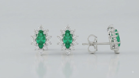 CERCEI AUR 14K CU DIAMANT NATURAL - Cercei roset din aur alb 14K cu smaralde naturale Marquise 0.47 ct și diamante