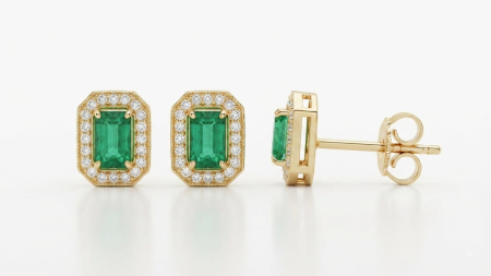 CERCEI AUR 14K CU DIAMANT NATURAL - Cercei roset din aur galben 14K cu smaralde naturale octogonale 0.44 ct și diamante