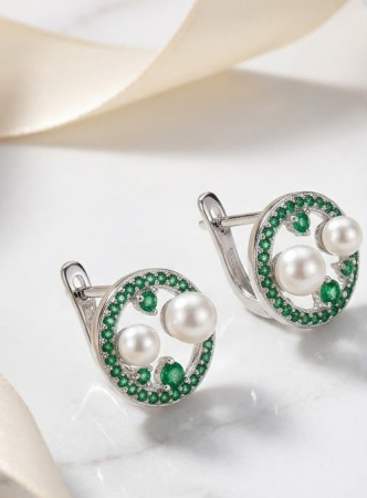 Cercei argint - Cercei Rotunzi din Argint 925 cu Perle și Zirconiu Verde Smarald – Eleganță Clasică Reinterpretată