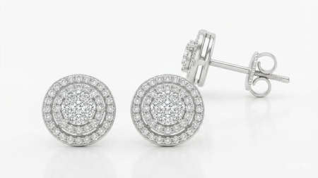 CERCEI AUR 14K CU DIAMANT NATURAL - Cercei rotunzi din aur alb 14K cu dublu halo de diamante naturale, 0.25 ct