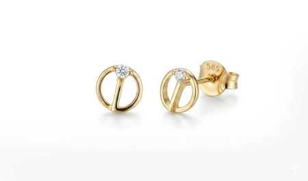 Cercei aur 14k surub - Cercei Rotunzi Geometrici din Aur Galben 14K cu Zirconiu și Închidere cu Șurub
