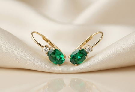 Cercei aur 14k - Cercei Royal din Aur Galben 14K cu Cristal Smarald Oval și Solitaire Alb – 3.00 gr, 2 cm