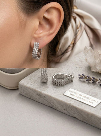 Cercei argint - Cercei Semilună din Argint 925 cu Trei Rânduri de Zirconiu – Colecția Diamond Essence