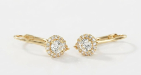 Cercei aur 14k copii - Cercei Solitaire Halo din Aur Galben 14K cu Cristale Zirconia, 18 mm, 1.61 g