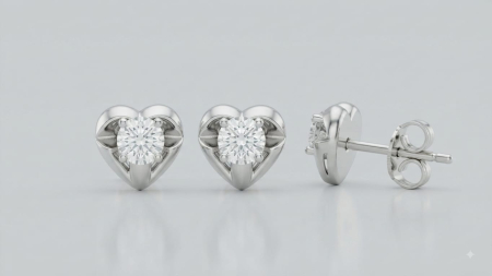 CERCEI AUR 14K CU DIAMANT NATURAL - Cercei solitar din aur alb 14K în formă de inimă cu diamante naturale, 0.22 ct