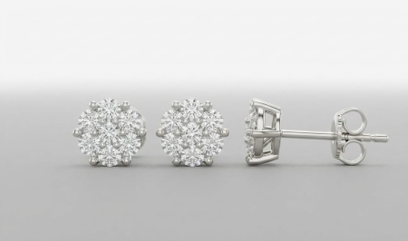 CERCEI AUR 14K CU DIAMANT NATURAL - Cercei solitar tip cluster din aur alb 14K cu mozaic de diamante, 0.25 ct