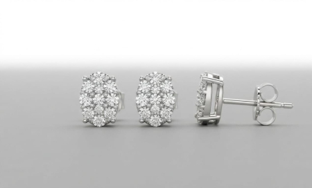 CERCEI AUR 14K CU DIAMANT NATURAL - Cercei solitar tip cluster din aur alb 14K cu mozaic de diamante ovale, 0.35 ct
