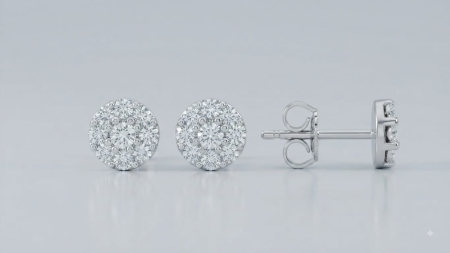 CERCEI AUR 14K CU DIAMANT NATURAL - Cercei solitar tip cluster din aur alb 18K cu mozaic de diamante, 0.125 ct
