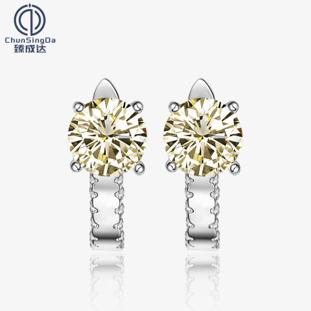 Cercei argint - Cercei Solitari din Argint 925 cu Cristal Galben Champagne Diamond-Cut și Pavé