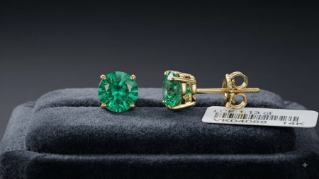 CERCEI AUR 14K CU DIAMANT NATURAL - Cercei Solitari din Aur Galben 14K cu Smarald Natural Lab-Created 1.13 CT
