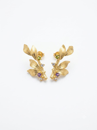 Cercei argint - Cercei Statement din Argint 925 Placat cu Aur – Design Botanic cu Frunze și Pietre Multicolore, Lungime 3 cm (4,8g)