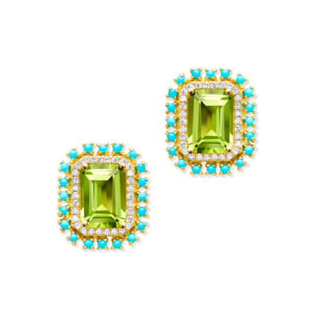 Cercei argint - Cercei Statement din Argint 925 Placați cu Aur – Cu Cristal Verde Peridot, Zirconiu și Contur Turcoaz
