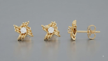 CERCEI AUR 14K CU DIAMANT NATURAL - Cercei stelar-sculpturali din aur galben 14K cu diamante naturale, 0.19 ct