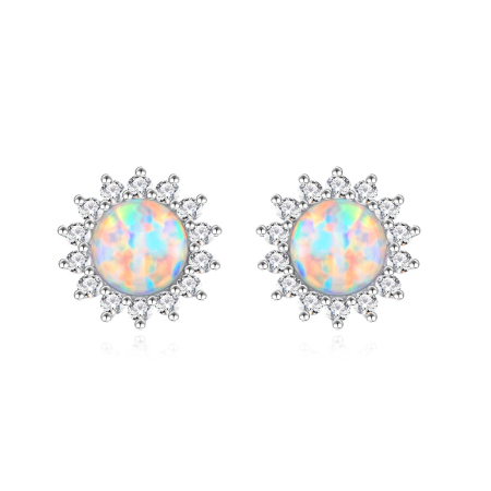 Cercei argint - Cercei Stud din Argint 925 cu Opal Alb-Multicolor și Halo de Zirconii, Model Soare