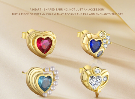Cercei argint - Cercei Stud din Argint 925 Placat cu Aur – Colecția Dreamy Heart cu Zirconii Colorate și Perle
