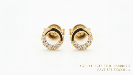Cercei aur 14k surub - Cercei Stud din Aur Galben 14K Cerc Geometric Pavat Parțial cu Cristale Zirconiu
