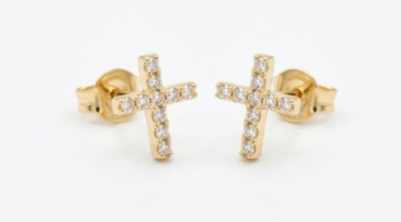 Cercei aur 14k surub - Cercei Stud din Aur Galben 14K Cruce Pavată cu Cristale Zirconiu