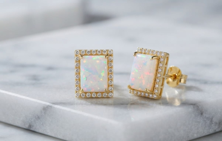 Cercei aur 14k surub - Cercei Stud din Aur Galben 14K cu Opal Alb Iridiscent și Halo de Cristale – 12mm (3.06 gr)