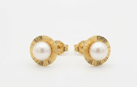 bijuterii aur - Cercei Stud din Aur Galben 14K cu Perle și Margine Striată, 1.68 g