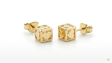 Cercei aur 14k surub - Cercei Stud din Aur Galben 14K Cub Geometric 3D cu Inimi Decupate