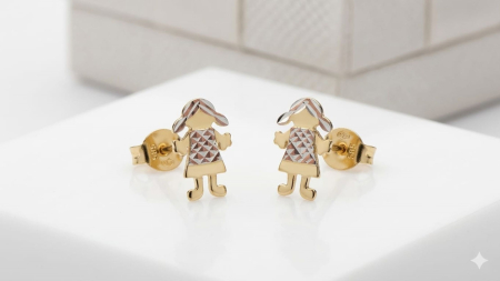 Cercei aur 14k surub - Cercei Stud din Aur Galben 14K Fetiță cu Rochiță Diamantată