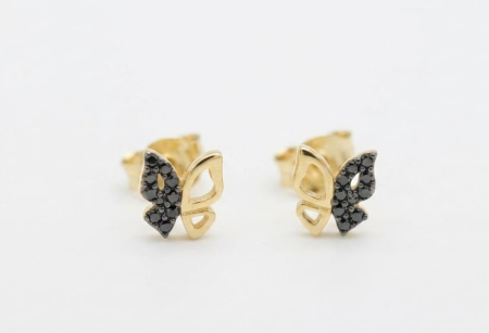 bijuterii aur - Cercei Stud din Aur Galben 14K în Formă de Fluture cu Cristale Zirconia Negre, 1.00 g