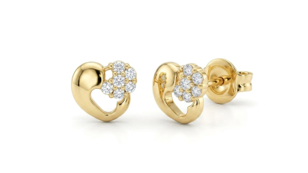 Cercei aur 14k surub - Cercei Stud din Aur Galben 14K Inimă Asimetrică cu Floare din Cristale Zirconiu