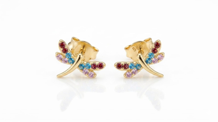 Cercei aur 14k surub - Cercei Stud din Aur Galben 14K Libelulă cu Cristale Multicolore Zirconi