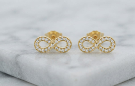 Cercei aur 14k surub - Cercei Stud din Aur Galben 14K Model Infinit cu Pavaj de Cristale (1.54 gr)