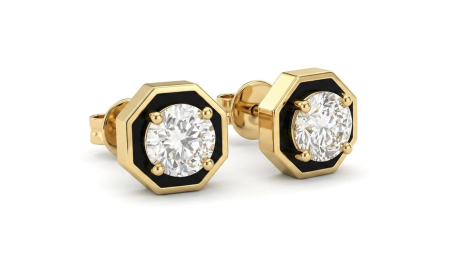Cercei aur 14k surub - Cercei Stud din Aur Galben 14K Octogonali Art Deco cu Cristal Solitaire și Email Negru