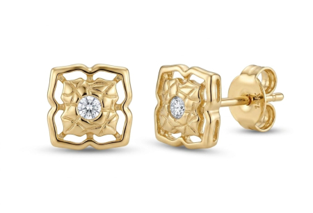 Cercei aur 14k surub - Cercei Stud din Aur Galben 14K Pătrați cu Design Filigranat Baroc și Zirconiu