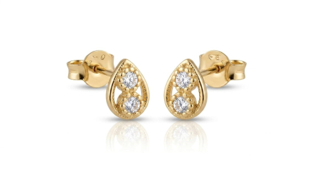Cercei aur 14k surub - Cercei Stud din Aur Galben 14K Picătură Decupată cu Două Cristale Zirconiu