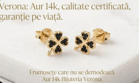 Cercei aur 14k surub - Cercei Stud din Aur Galben 14K Trifoi cu Patru Foi și Cristale Negre