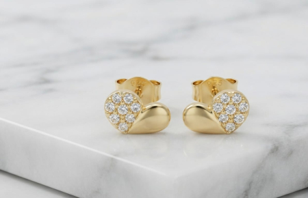 Cercei aur 14k surub - Cercei Stud Inimă din Aur Galben 14K cu Pavaj de Cristale (1.05 gr)