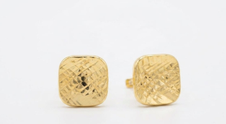 Cercei aur 14k - Cercei Stud Pătrați din Aur Galben 14K cu Finisaj Diamantat Texturat, 12 mm, 2.07 g