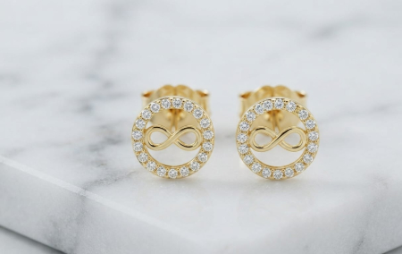 Cercei aur 14k surub - Cercei Stud Rotunzi din Aur Galben 14K cu Simbolul Infinitului și Cristale (1.64 gr)