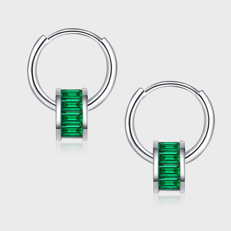 Cercei argint - Cercei Toarte din Argint 925 – Model Huggie cu Pandantiv Geometric Verde Smarald
